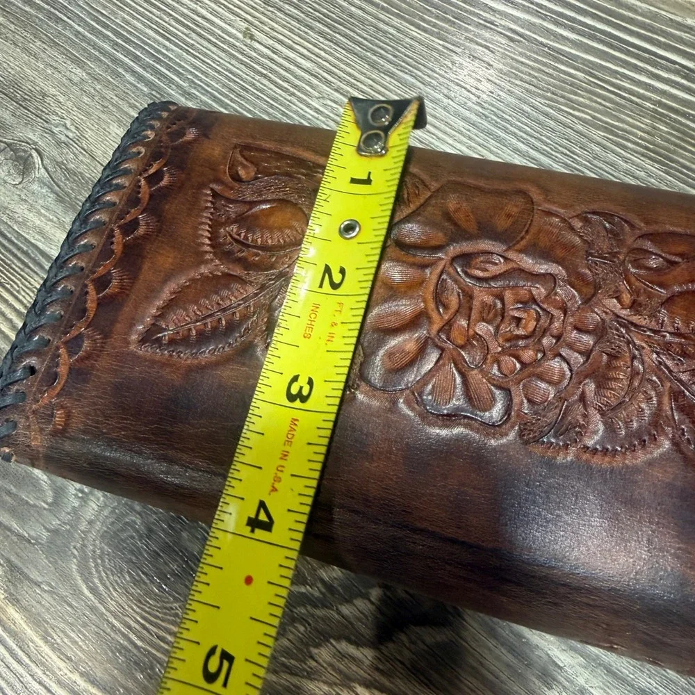 Vintage Hand Tooled Leather Floral Clutch Wallet Brown Whipstitch Western Boho